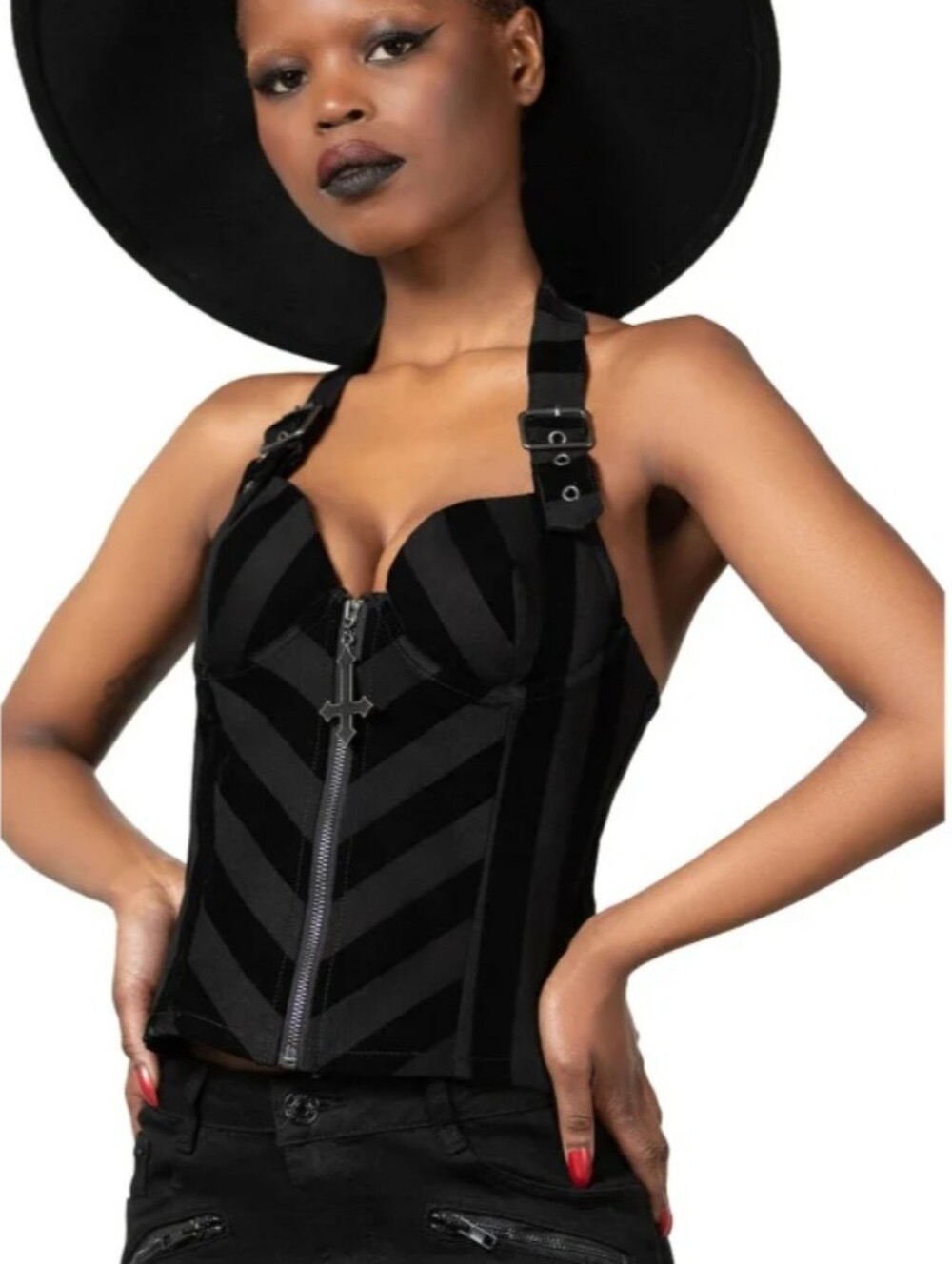 Killstar Black Striped Zip-Front Halter Top